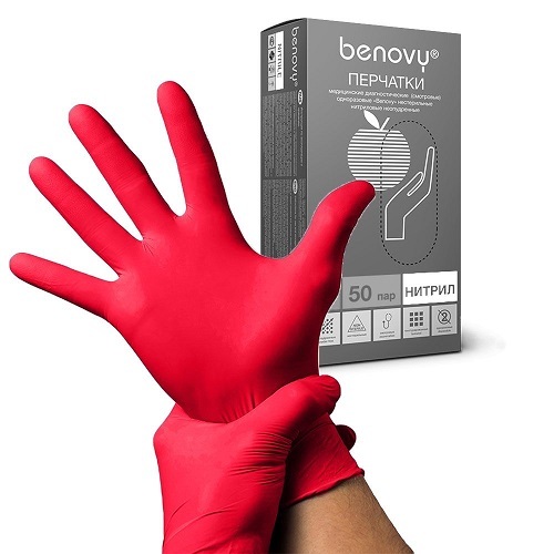 Перчатки Benovy 100 шт/50 пар, красные